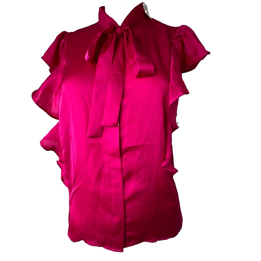 Ann Taylor Pink  Ruffle Flutter  Sleeve V-Neck Polyester Blouse Size MEDIUM NEW